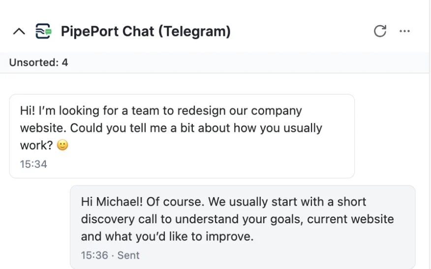 Панель PipePort Chat у Pipedrive: листування з клієнтом і лічильник нерозібраних